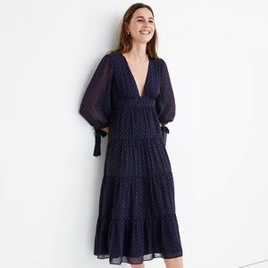 Madewell plunge neck tiered midi dress in clipdot